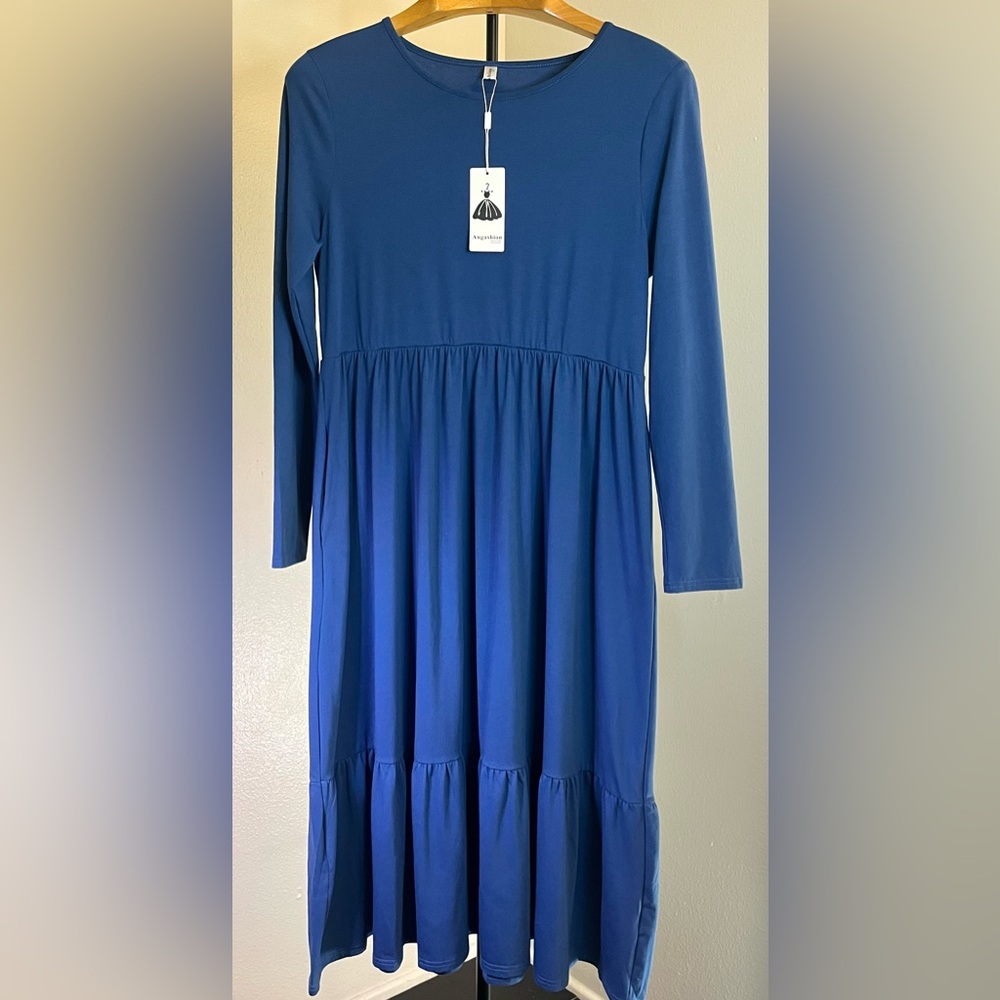 Blue Long-Sleeve Maxi Dress by Angashion